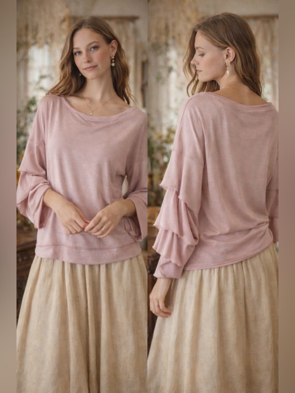 Gee Loretta Blush Pink Boho Top Draped Sleeve Cottagecore Size Medium